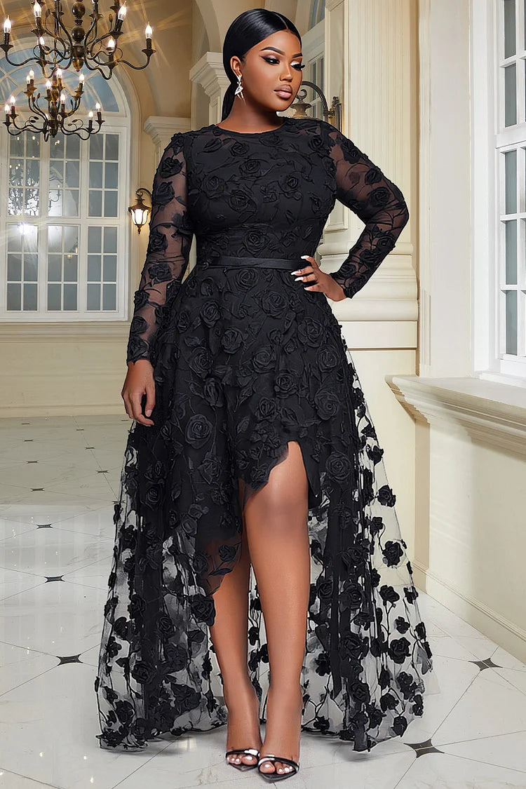 Black Round Neck Long Sleeve Asymmetric Hem Elegant See Through Lace Maxi Dresses