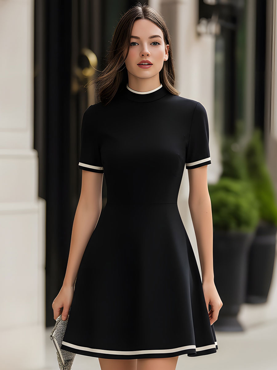Mock Neck Contrast Trim Fit & Flare Mini Dress