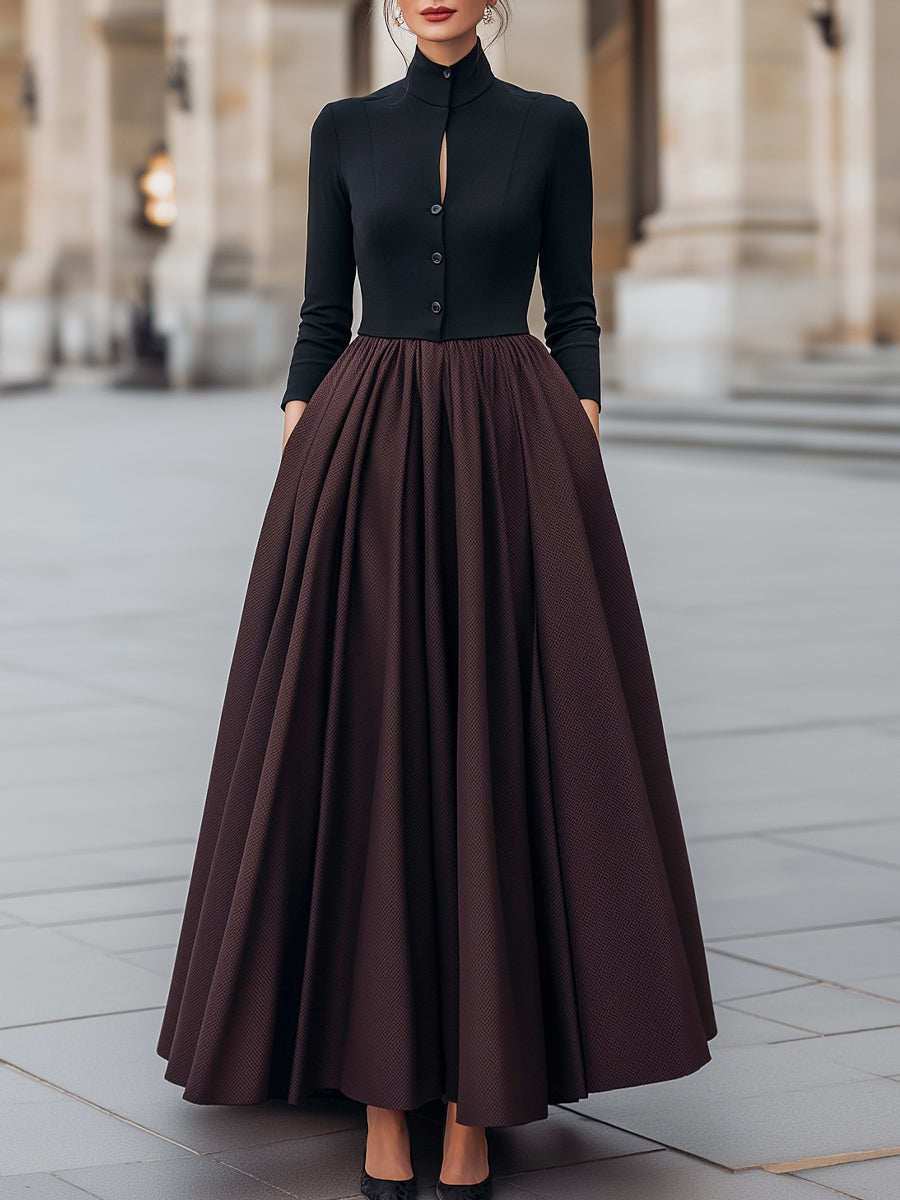 Elegant Two-Tone High Collar Maxi Dress