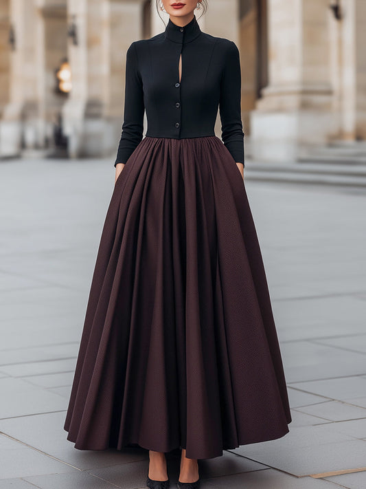 Elegant Two-Tone High Collar Maxi Dress