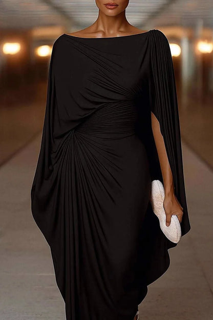 Asymmetric Cape Sleeve Ruched Waist Pleated Boat Neck Maxi Dresses