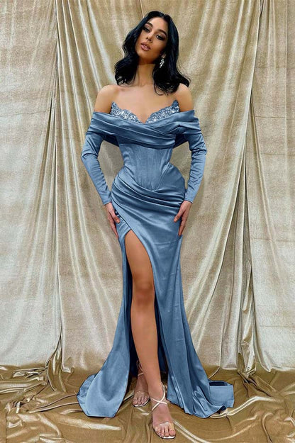 Off the Shoulder Long Sleeves Long Split Prom Dress With Beading
