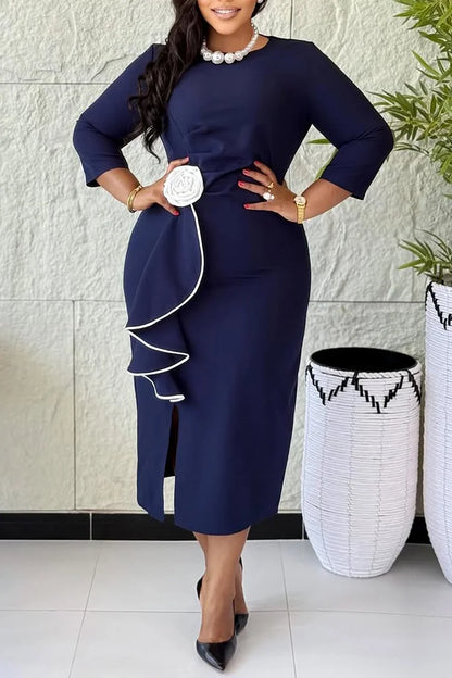 Navy Blue Round Neck 3/4 Sleeve 3D Elegant Ruffle Midi Dress