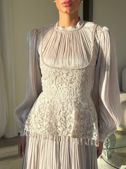 Ivory Vintage Long Sleeves Beaded Column Ruched Floor Length Formal Dress