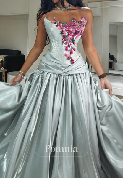 Simple A-Line Sleeveless Strapless Appliques Prom Dress