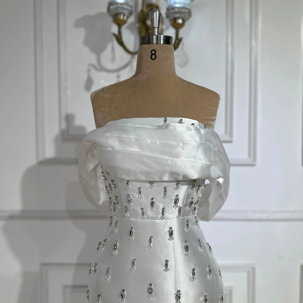 Blue Beaded Crystal Ankle-Length Mermaid Satin Evening Dress Gown for Party