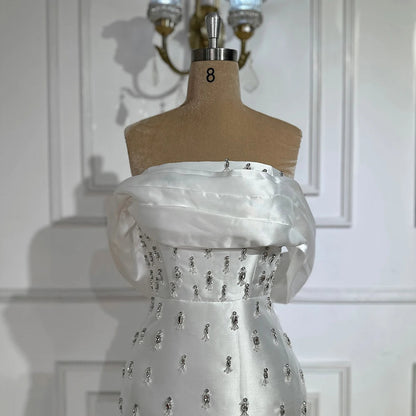 Blue Beaded Crystal Ankle-Length Mermaid Satin Evening Dress Gown for Party