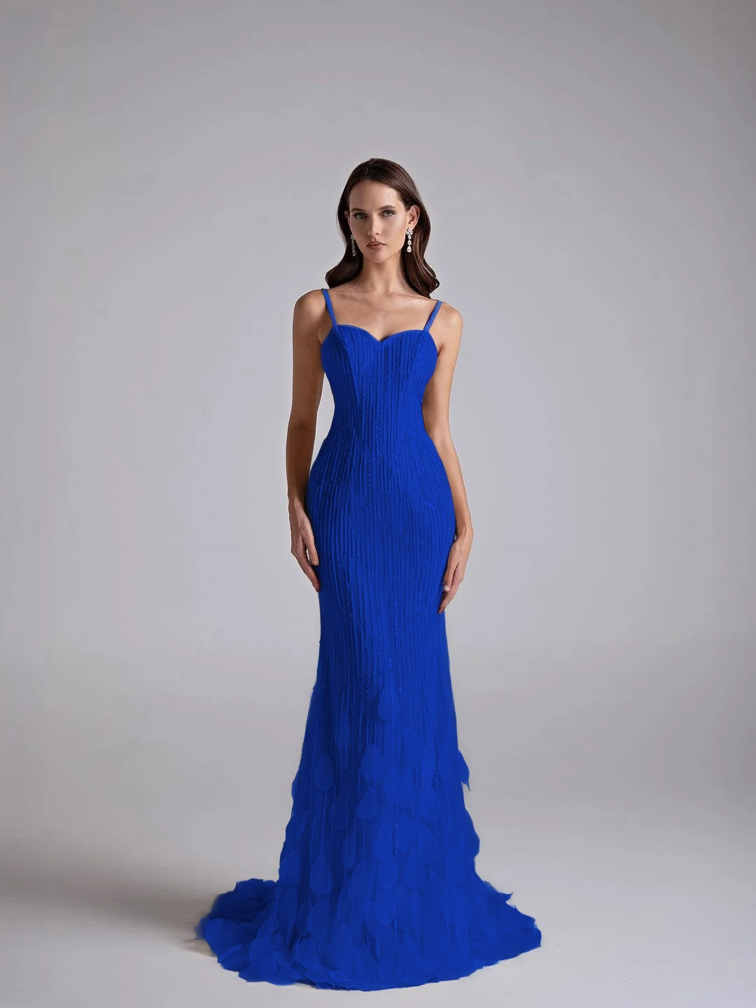 Spaghetti Straps Sleeveless Long Mermaid Prom Dress With Petals And Sequins