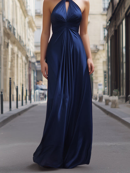 Elegant Halter-Neck Satin Gathered Maxi Dress