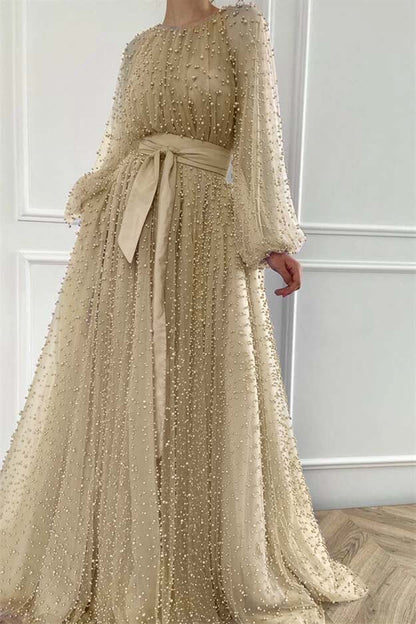 Long Sleeves Long Jewel Neck Prom Dress With Pleated Beading