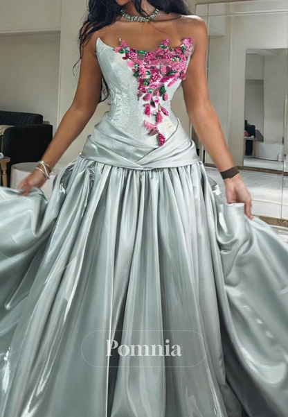 Simple A-Line Sleeveless Strapless Appliques Prom Dress