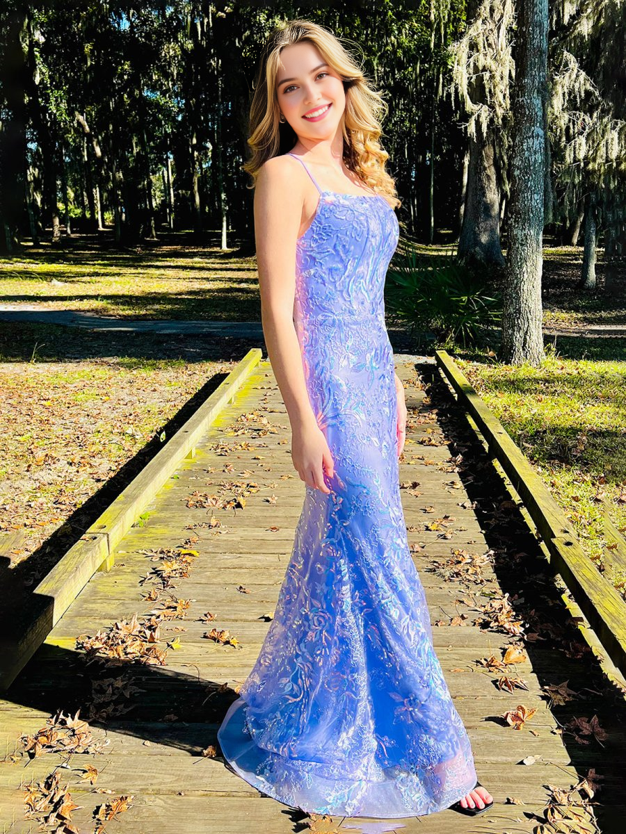 Sparkle Formal Lace Sequin Mermaid Spagehtti Straps Sleeveless Backless Long Prom Dress