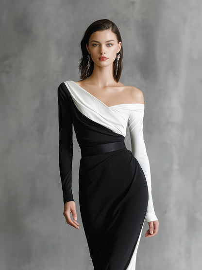 Women's Black - White Classic Jersey Asymmetric One - Shoulder Maxi Dress