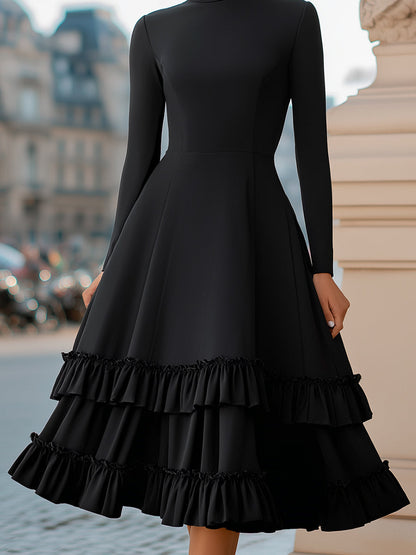 High-Neck A-Line Tiered Ruffle Midi Dress