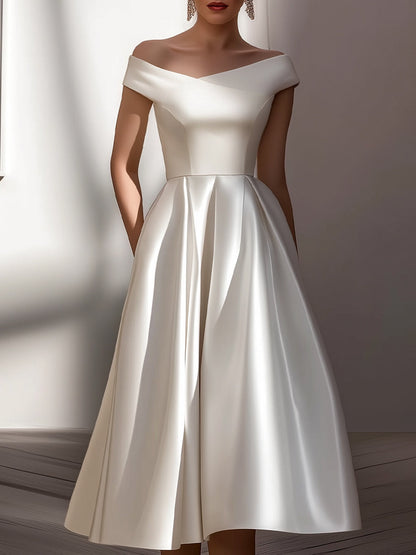 Off-Shoulder Satin Sculpted Midi Dress