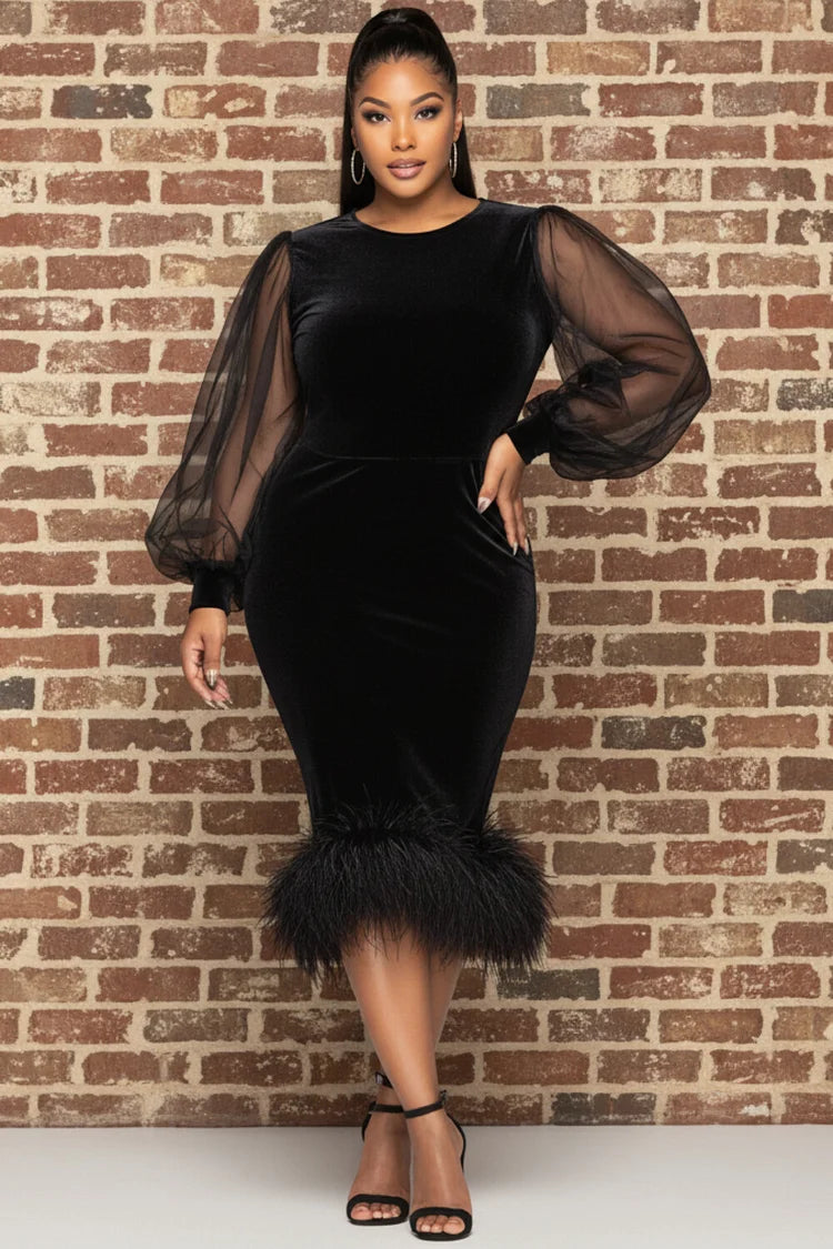 Cocktail Party Tulle Black Round Neck Lantern Sleeve Long Sleeve Feather Velvet Midi Dress