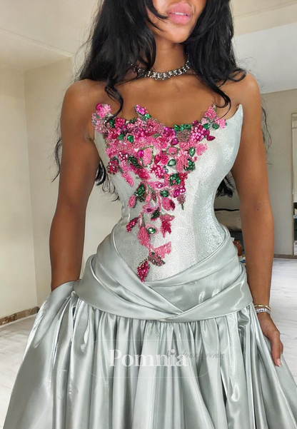 Simple A-Line Sleeveless Strapless Appliques Prom Dress