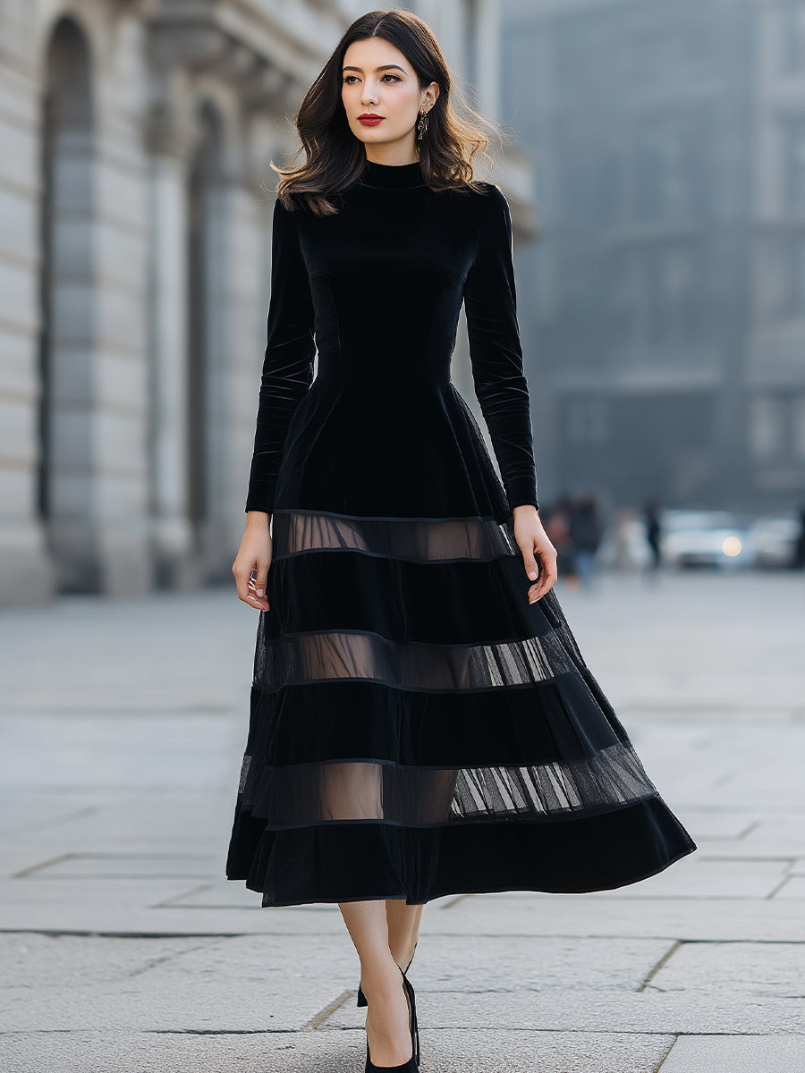 Elegant  Velvet Sheer Stripe Midi Dress