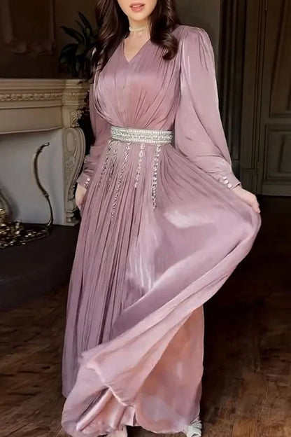 Rhinestone Chain Fringe Belt V Neck Long Sleeve Maxi Dresses-Pink
