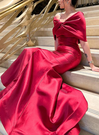 Sheath/Column Off-The-Shoulder Sleeveless Satin Evening Dresses With Bow(s)
