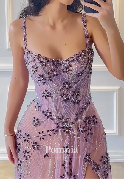 Lilac Spaghetti Straps Sweetheart Appliquees Slit Prom Dress