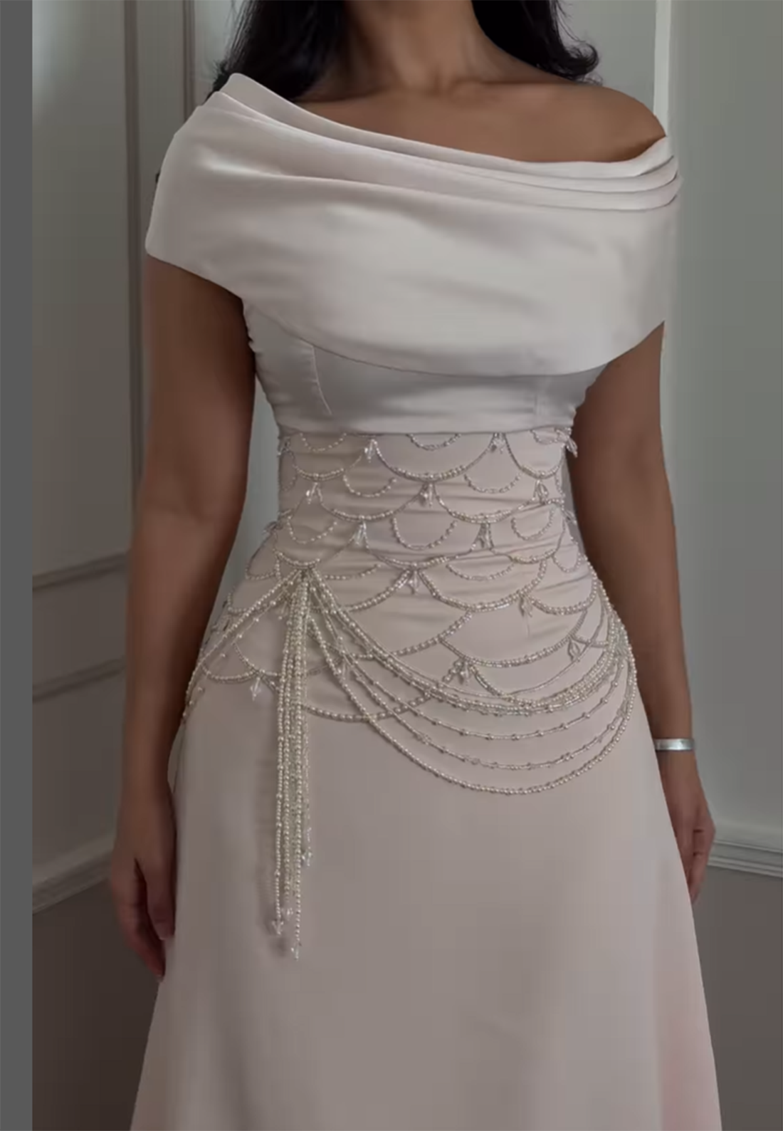 Blushing Pink Off-Shoulder Sleeveless Pearls A-Line Prom Dress