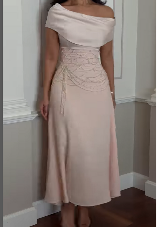 Blushing Pink Off-Shoulder Sleeveless Pearls A-Line Prom Dress