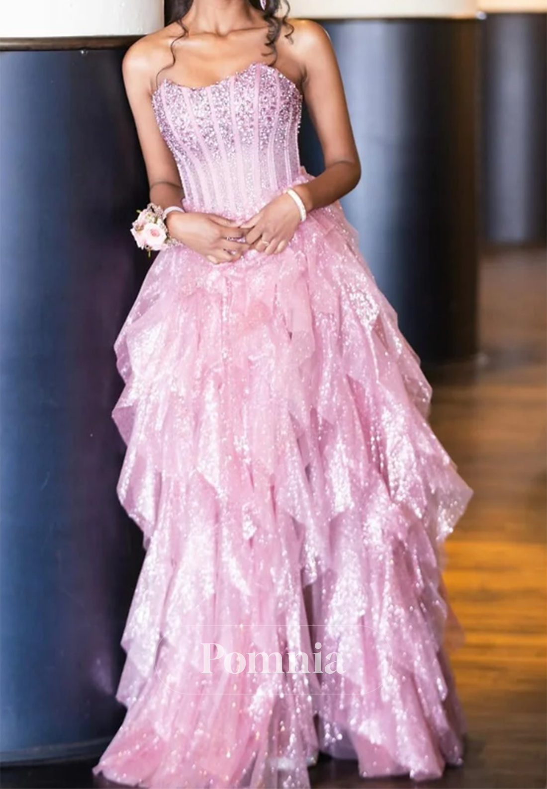 Blushing Pink Sleeveless Strapless Ruffles Prom Dress