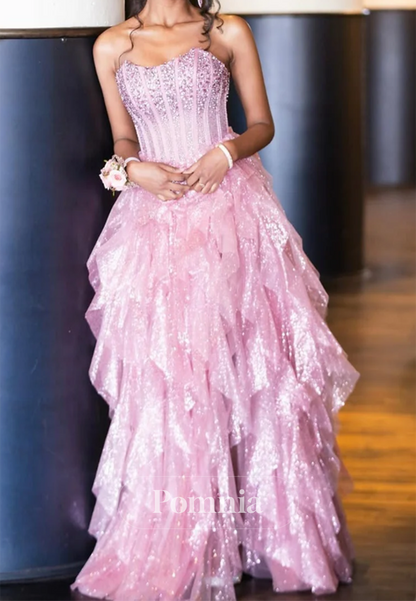 Blushing Pink Sleeveless Strapless Ruffles Prom Dress