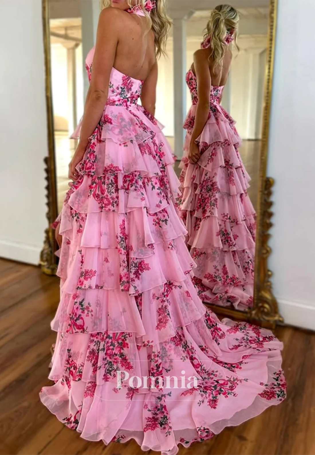 Blushing Pink Halter Sleeveless Ruffles Prom Dress