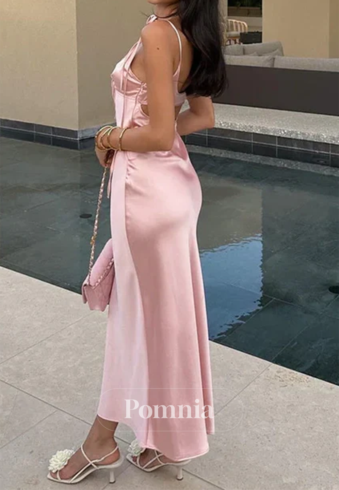 Blushing Pink Spaghetti Straps Sweetheart Backless Prom Dress