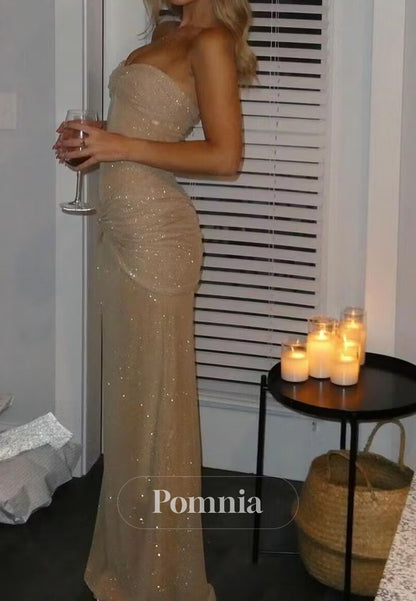 Bling Sheath Strapless Champagne Sequins Long Prom Dress