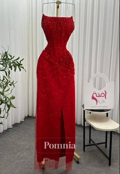 Red Strapless Sleeveless Slit Beads Ruched Prom Dress