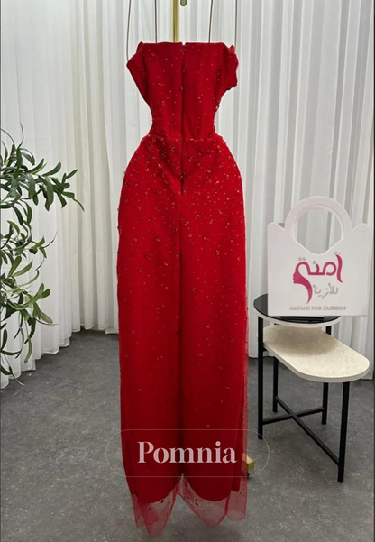 Red Strapless Sleeveless Slit Beads Ruched Prom Dress