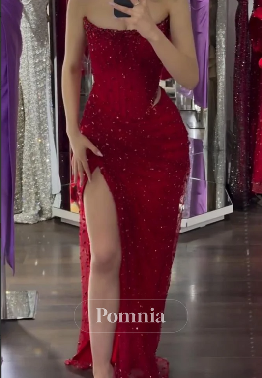 Red Strapless Sleeveless Slit Beads Ruched Prom Dress