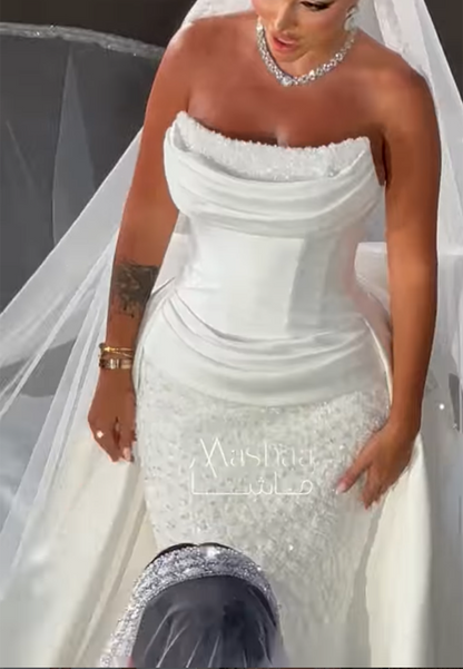 Elegant Sleeveless Strapless Sequins Bowknot Satin Wedding Dress