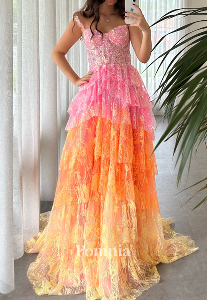 Charming A-Line Sleeveless Strapless Slit Ruffles Lace Prom Dress