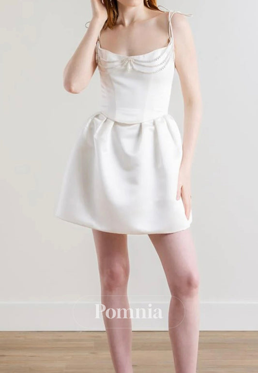 Spaghetti Straps Scoop Pearls Mini Wedding Dress