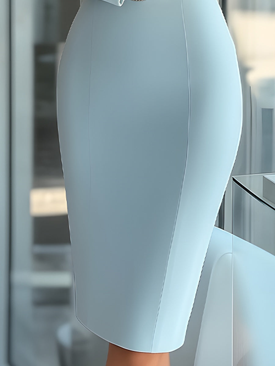 Ice Blue Structured High-Neck Pencil Dress