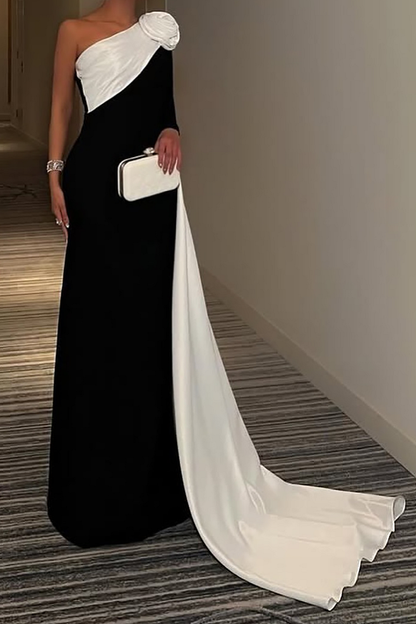 3D Flower Decor Skew Neck Colorblock Gowns Maxi Cape Dress