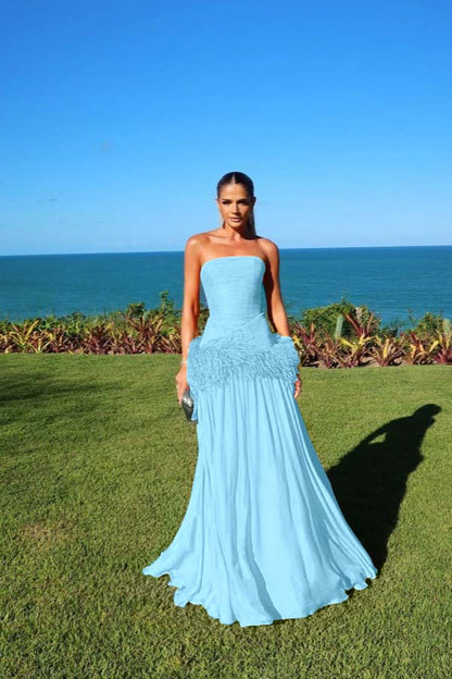 Chiffon Strapless Sleeveless Long A-Line Prom Dress With Pleated And Feathers