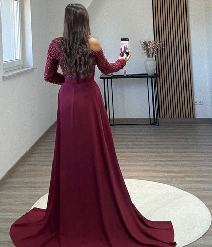 Mermaid Lace Long Sleeves Beaded Side Split Long Evening Formal Prom Dress