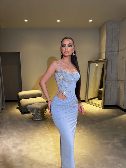 Sky Blue Spaghetti Straps Square Ruched Prom Dress