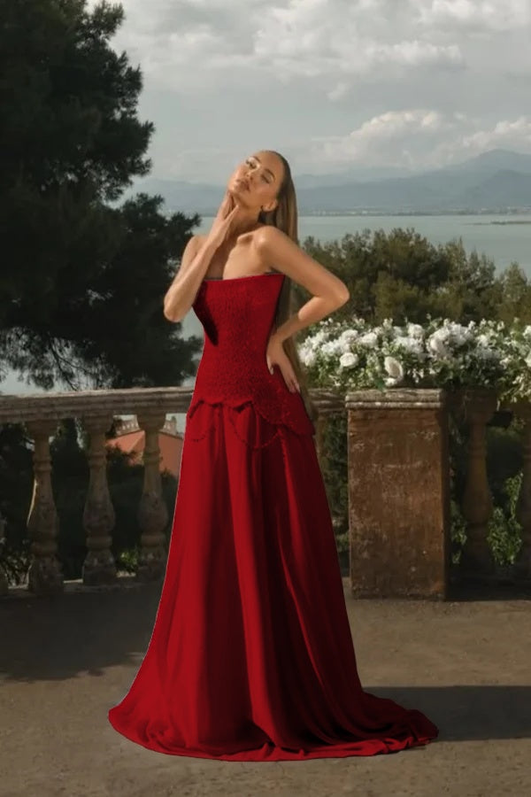 Chiffon Strapless Sleeveless Long A-Line Prom Dress With Beadings And Pearls