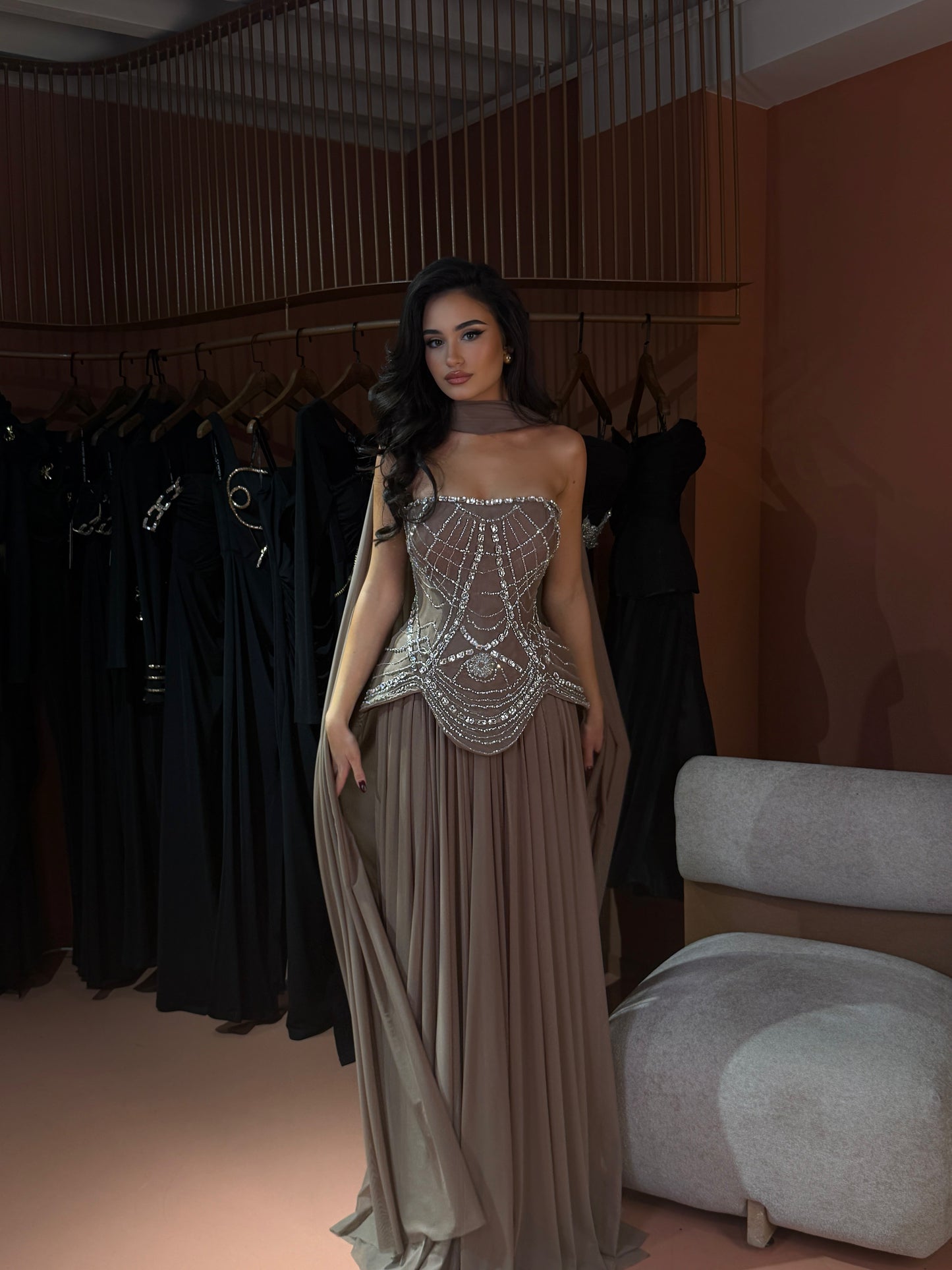 Crystal Corset Gown with Taupe Pleated Skirt