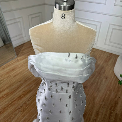 Blue Beaded Crystal Ankle-Length Mermaid Satin Evening Dress Gown for Party