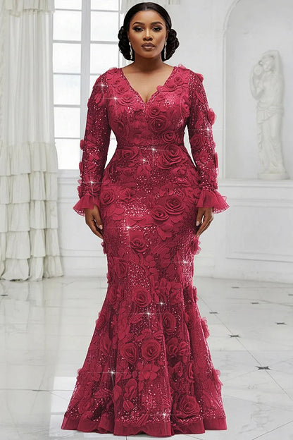 Formal Pink V Neck Long Sleeve 3D Elegant Mermaid Sequin Maxi Dress