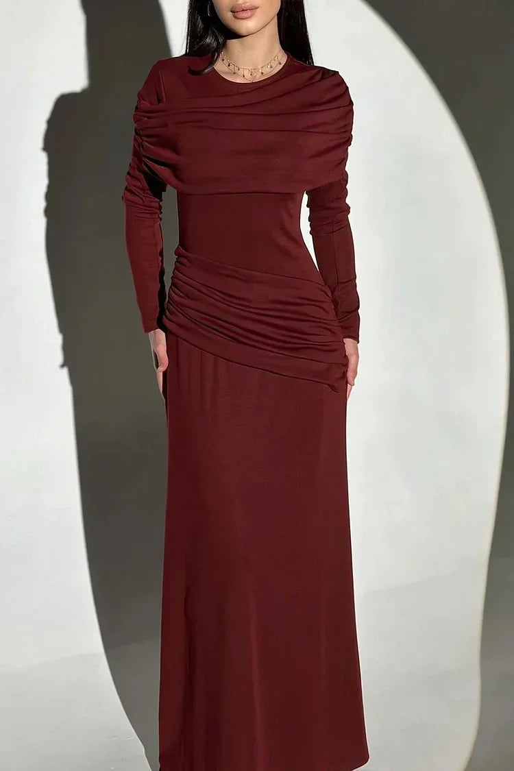 Patchwork Round Neck Long Sleeve Ruched Slim Fit Maxi Dresses