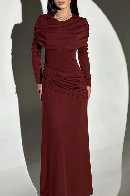 Patchwork Round Neck Long Sleeve Ruched Slim Fit Maxi Dresses