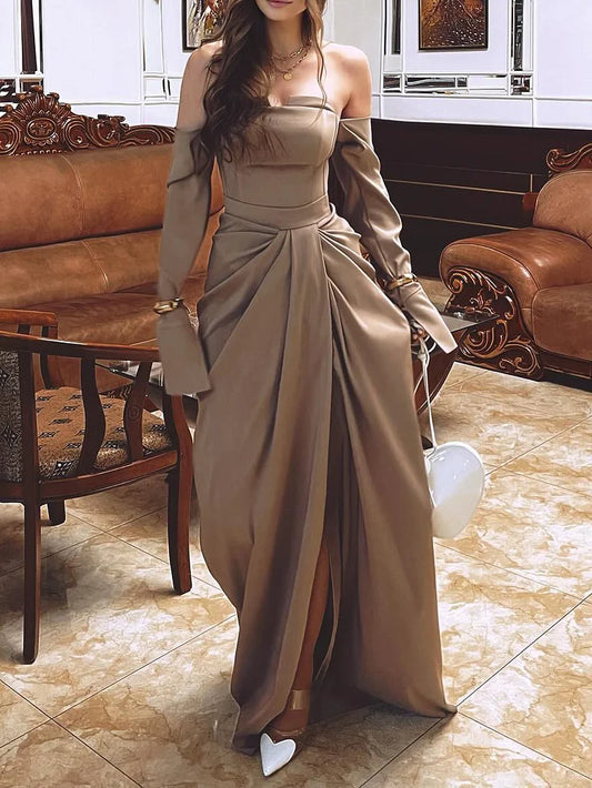 Off-Shoulder Tube Top Pleated Satin A-Line Evening Dress Long-Sleeves Floor-length Formal Gowns